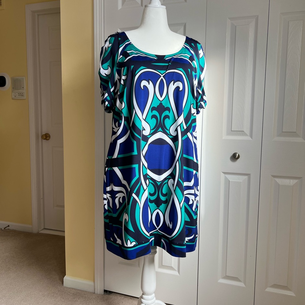 INC Teal/Blue/White Short Sleeve Dress (2X)